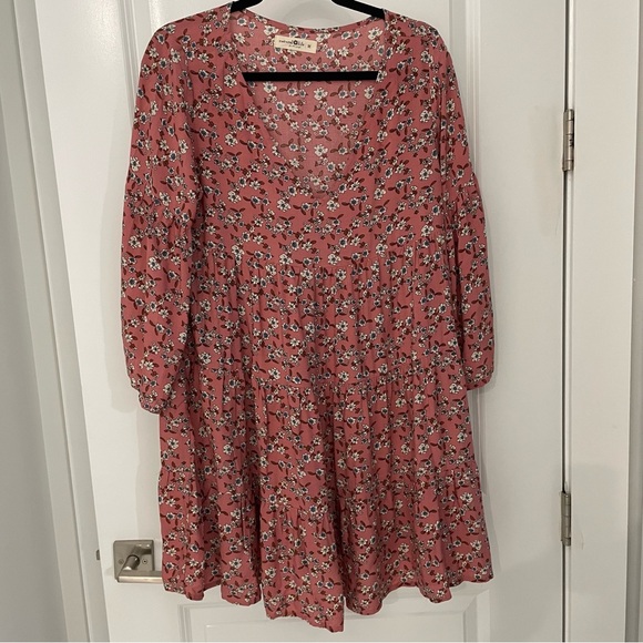 NEW Natural Life Pink Floral Tiered Babydoll Popover Dress Size Medium Boho - Picture 1 of 6